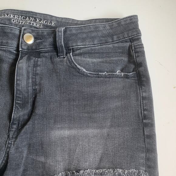 American Eagle 14 Hi-Rise Shortie Black Gray Jean Denim Shorts Distressed Ripped - Picture 6 of 12
